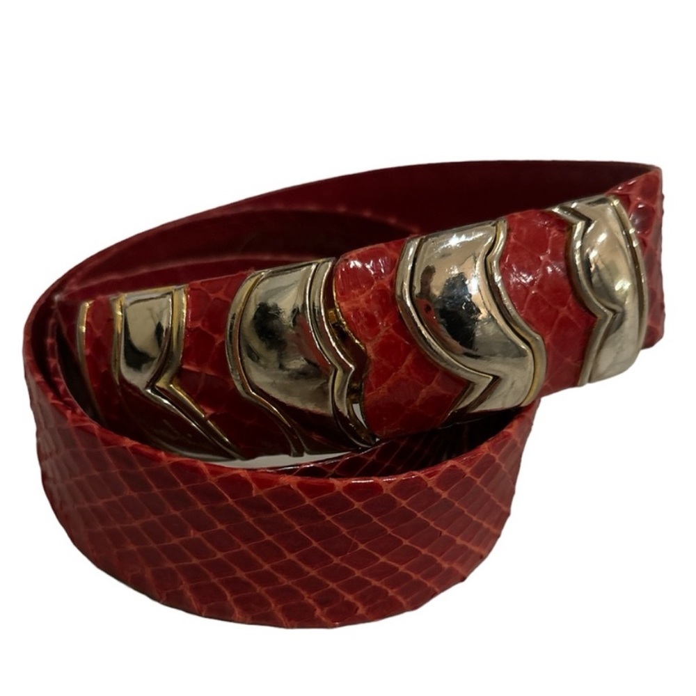 $495 JUDITH LIEBER for SAKS FIFTH AVENUE Red Snakeskin Belt with Gold Hardware
